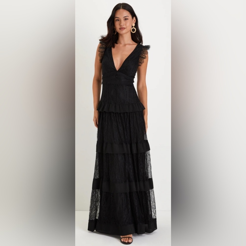 Lulus Marvelous Darling Black Lace Ruffled Tiered Maxi Dress